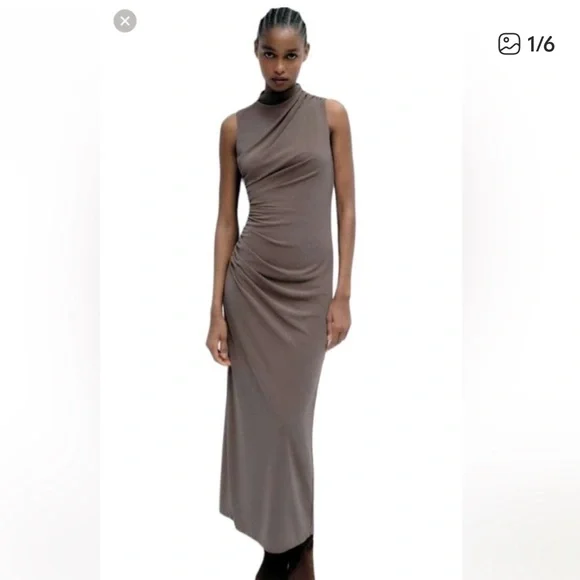 Zara Sleeveless Mock Neck Ruched Maxi Dress in Taupe Size:M - Picture 1 of 8